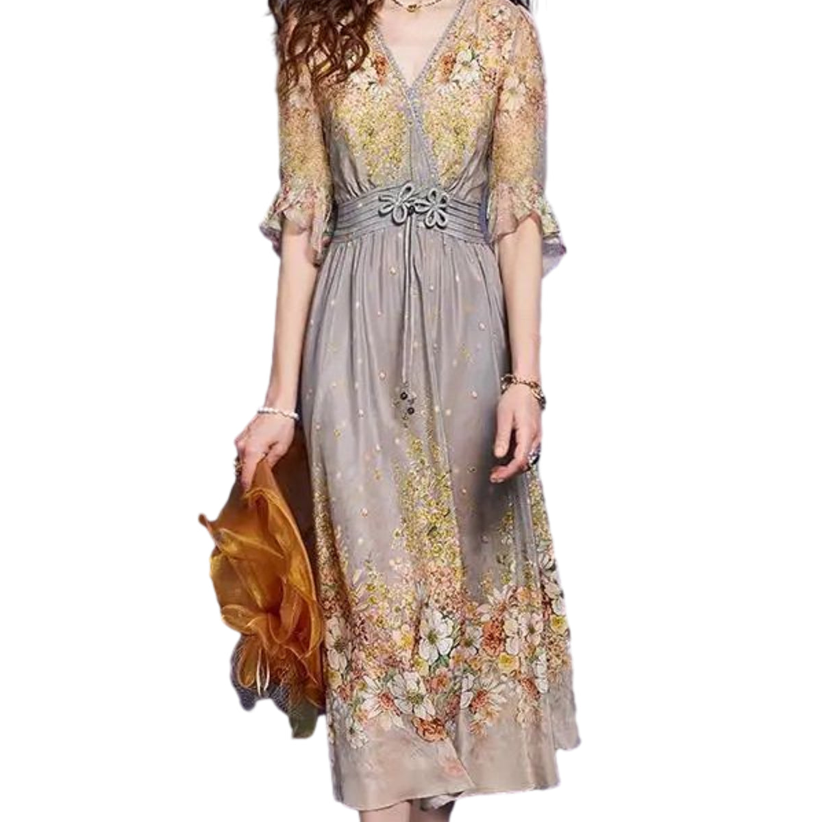floral print mulberry silk dress in neutral pastels